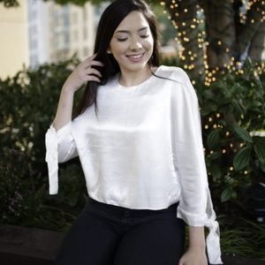 Shiny 3/4 Length Blouse with Tie Sleeves